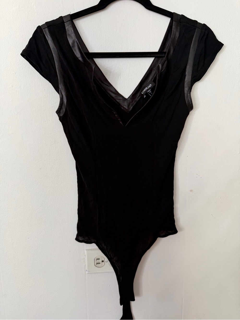 bebe Black V-Neck Cap Sleeve Bodysuit with Satin Trim